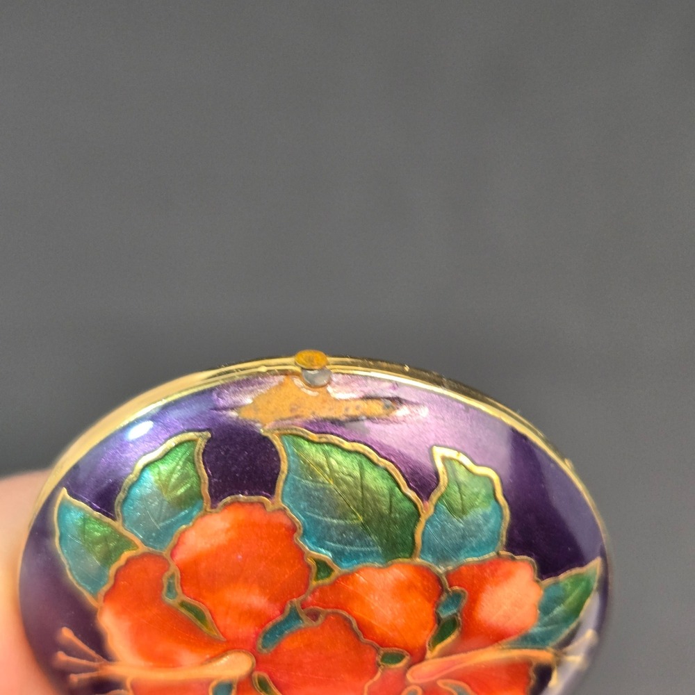 Vintage Cloisonne Enamel Hibiscus Flower Pendant Purple Orange Tropical Floral - Picture 8 of 8